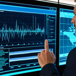 A focused professional expert in public administration and security, wearing a modest business suit, fully clothed, in a modern, high-tech office. The background features subtle data visualizations, glowing digital interfaces, and abstract cybersecurity network graphics, suggesting complex challenges. The expert is observing a large screen displaying analytical data with a thoughtful, concentrated expression. Natural pose, professional photography, high-resolution, sharp focus, natural lighting, safe for work, appropriate content, professional dress, perfect anatomy, correct proportions, well-formed hands, proper finger count, natural body proportions.