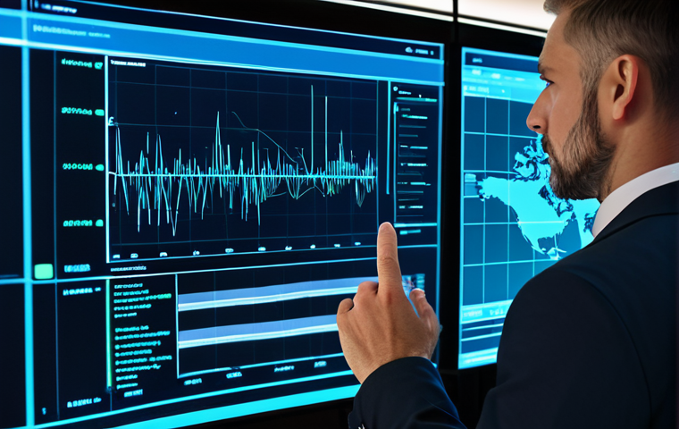 A focused professional expert in public administration and security, wearing a modest business suit, fully clothed, in a modern, high-tech office. The background features subtle data visualizations, glowing digital interfaces, and abstract cybersecurity network graphics, suggesting complex challenges. The expert is observing a large screen displaying analytical data with a thoughtful, concentrated expression. Natural pose, professional photography, high-resolution, sharp focus, natural lighting, safe for work, appropriate content, professional dress, perfect anatomy, correct proportions, well-formed hands, proper finger count, natural body proportions.