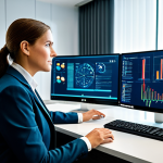 A highly competent public administration official, male or female, in a professional, modest business suit, seated at a modern, ergonomic desk in a well-lit, high-tech office. Multiple computer screens display complex data visualizations and secure digital interfaces, hinting at cybersecurity and data management tasks. The official has a focused and determined expression, suggesting deep engagement with digital transformation. The atmosphere is professional and forward-thinking. Fully clothed, appropriate attire, safe for work, perfect anatomy, correct proportions, natural pose, well-formed hands, proper finger count, professional photography, high quality, appropriate content, professional, family-friendly.