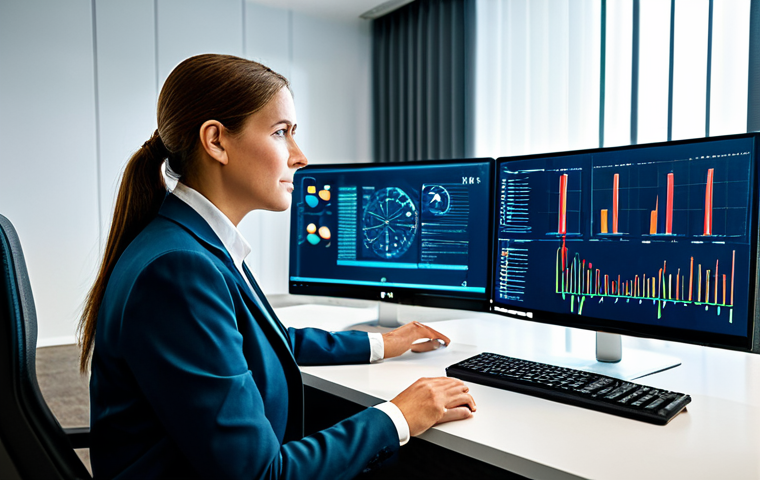 A highly competent public administration official, male or female, in a professional, modest business suit, seated at a modern, ergonomic desk in a well-lit, high-tech office. Multiple computer screens display complex data visualizations and secure digital interfaces, hinting at cybersecurity and data management tasks. The official has a focused and determined expression, suggesting deep engagement with digital transformation. The atmosphere is professional and forward-thinking. Fully clothed, appropriate attire, safe for work, perfect anatomy, correct proportions, natural pose, well-formed hands, proper finger count, professional photography, high quality, appropriate content, professional, family-friendly.